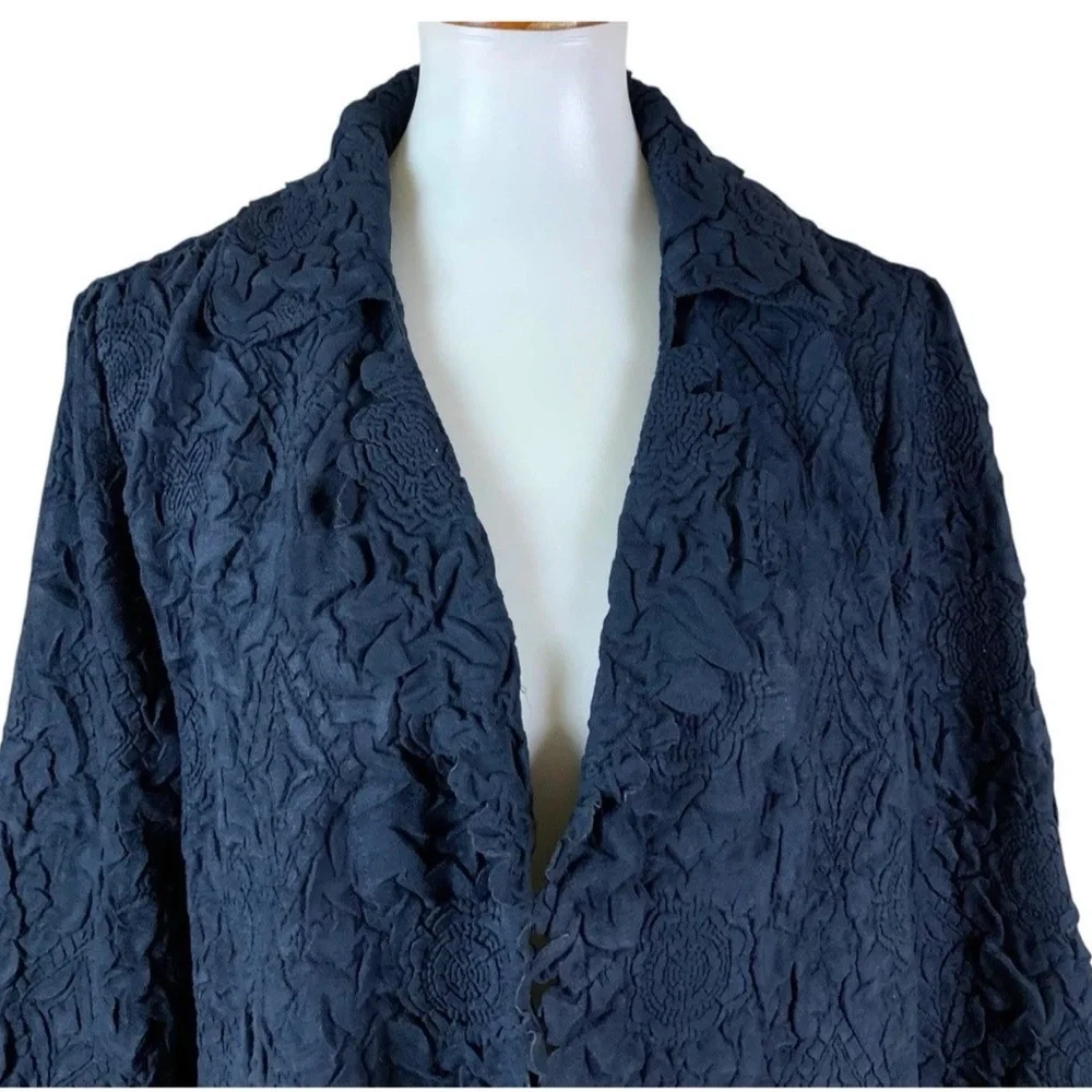 Chicos LP Travelers Navy Crinkle Textured Open Front Blazer Jacket 3D Floral